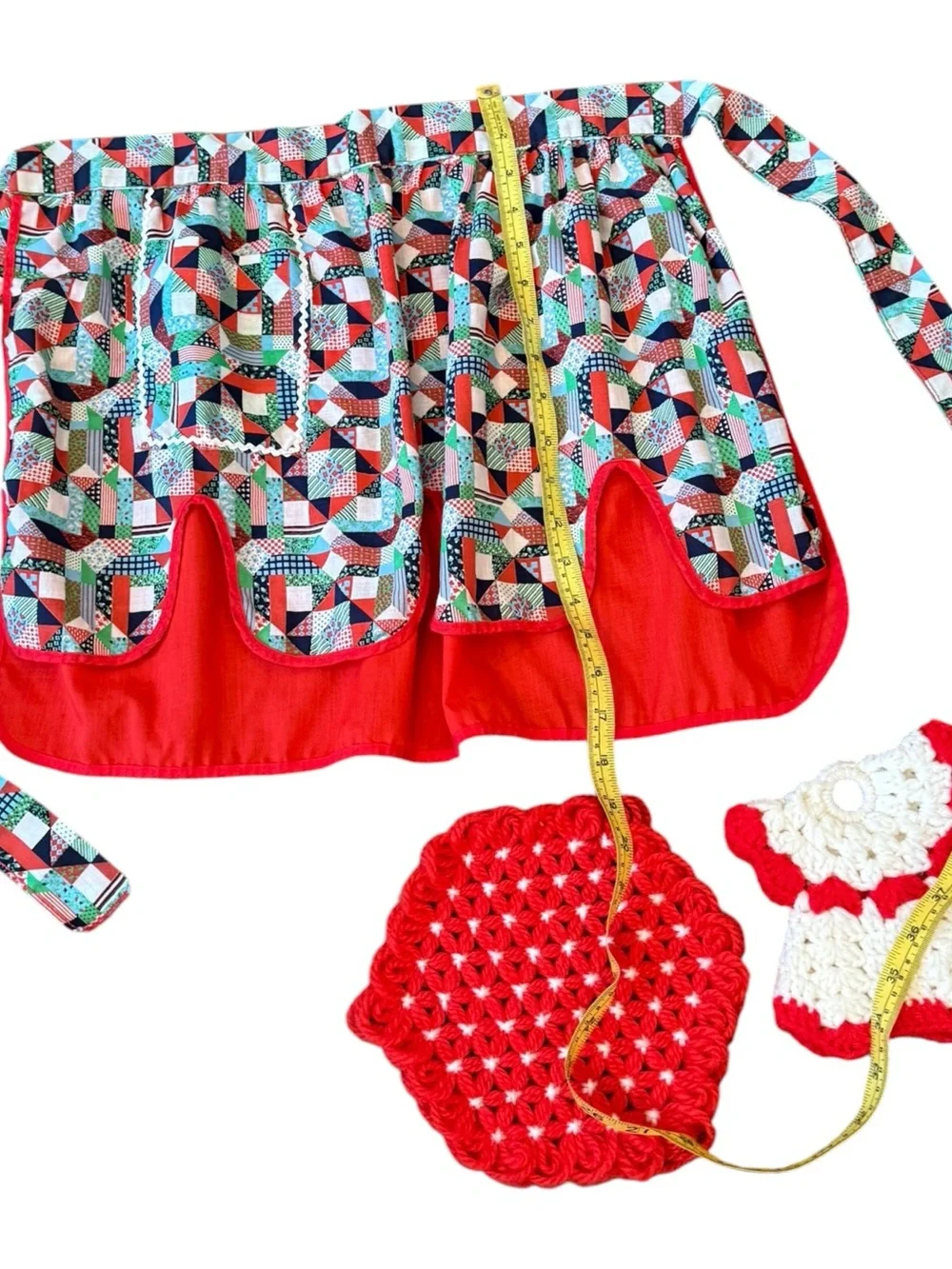 Vintage Patchwork Reversible Multi-Color Retro Apron with Crochet Potholders